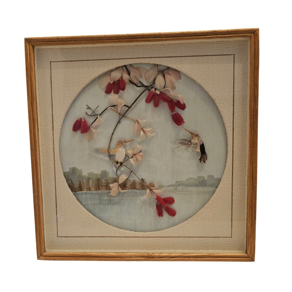 Vintage Hummingbird Feather Art 3D Mixed Media Framed Bird Nature CAC 12x12